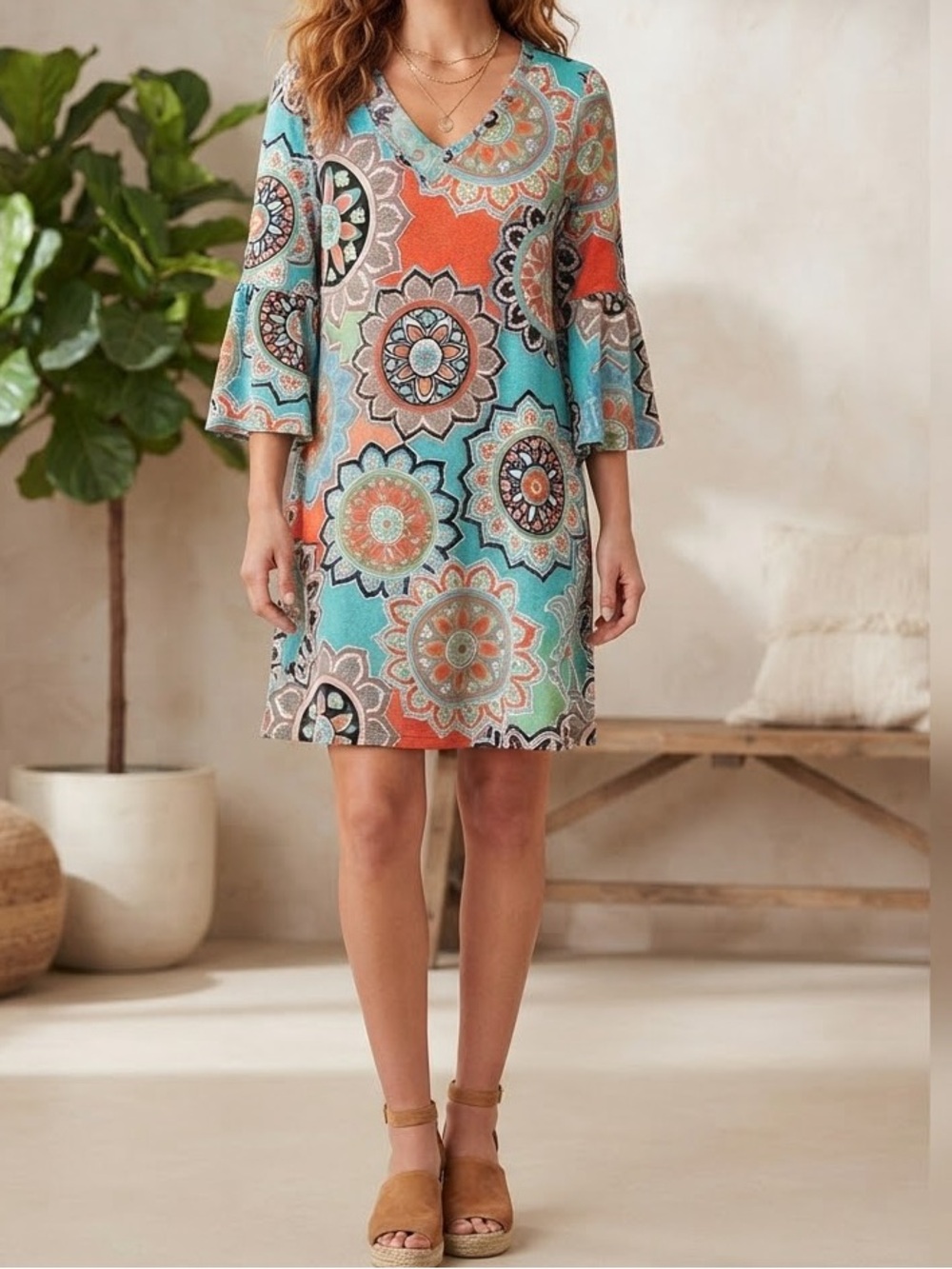 💥 $10 WOW! 🤩 Vibrant Boho Mandala Print Bell Sleeve Mini Dress 🌿 Hippie Chic 🌸❤️